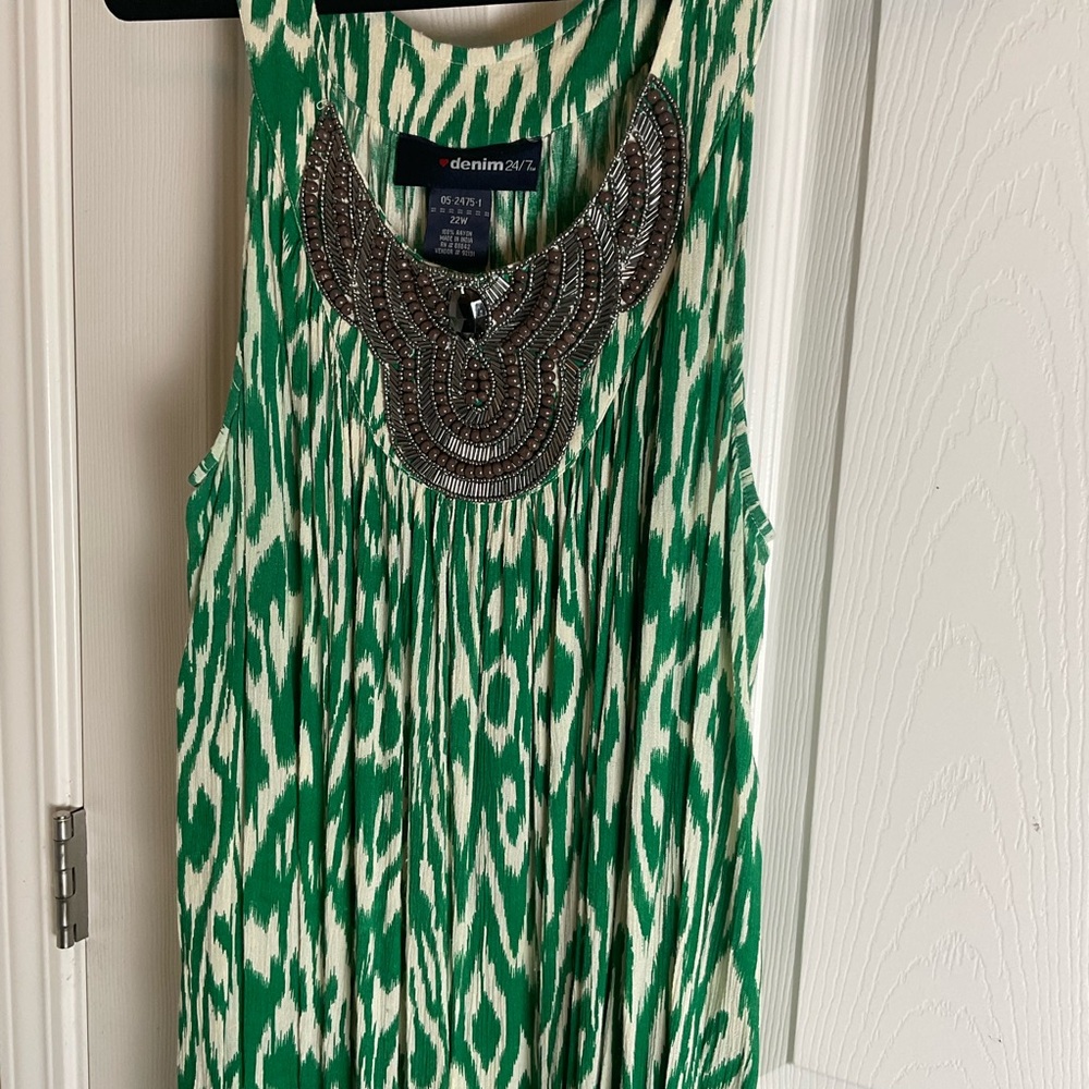 Denim 24/7 Boho Green Ikat Maxi Dress Beaded Neckline 22W - Picture 5 of 10